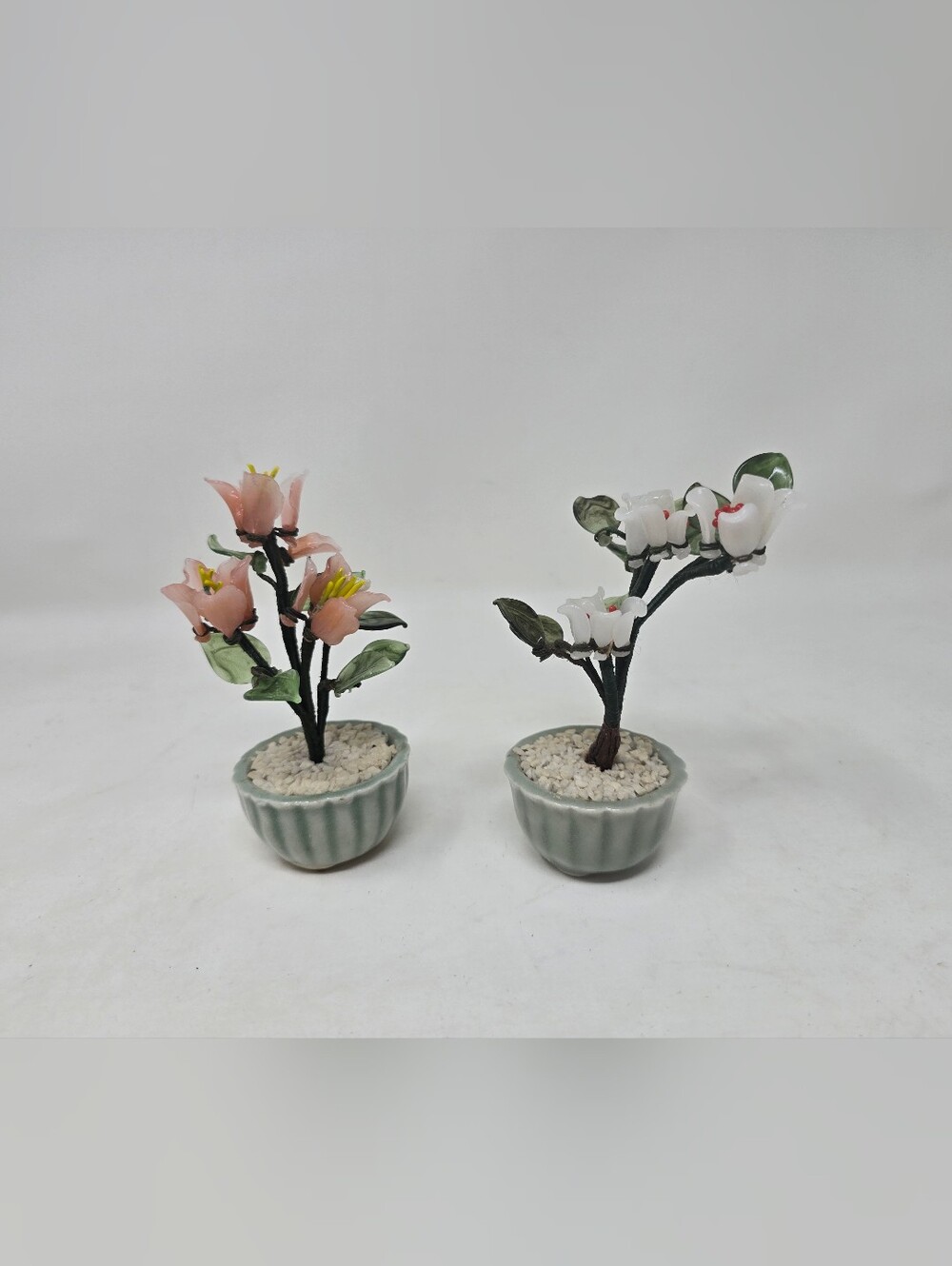 Vintage 80s Chinese Bonsai Tree Glass Wire Flowers Green Celadon Planter Pot